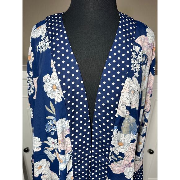 Suzanne Betro Floral Polka Dot Printed Kimono Top Cardigan Blue Long Sleeves 1X - Picture 2 of 14